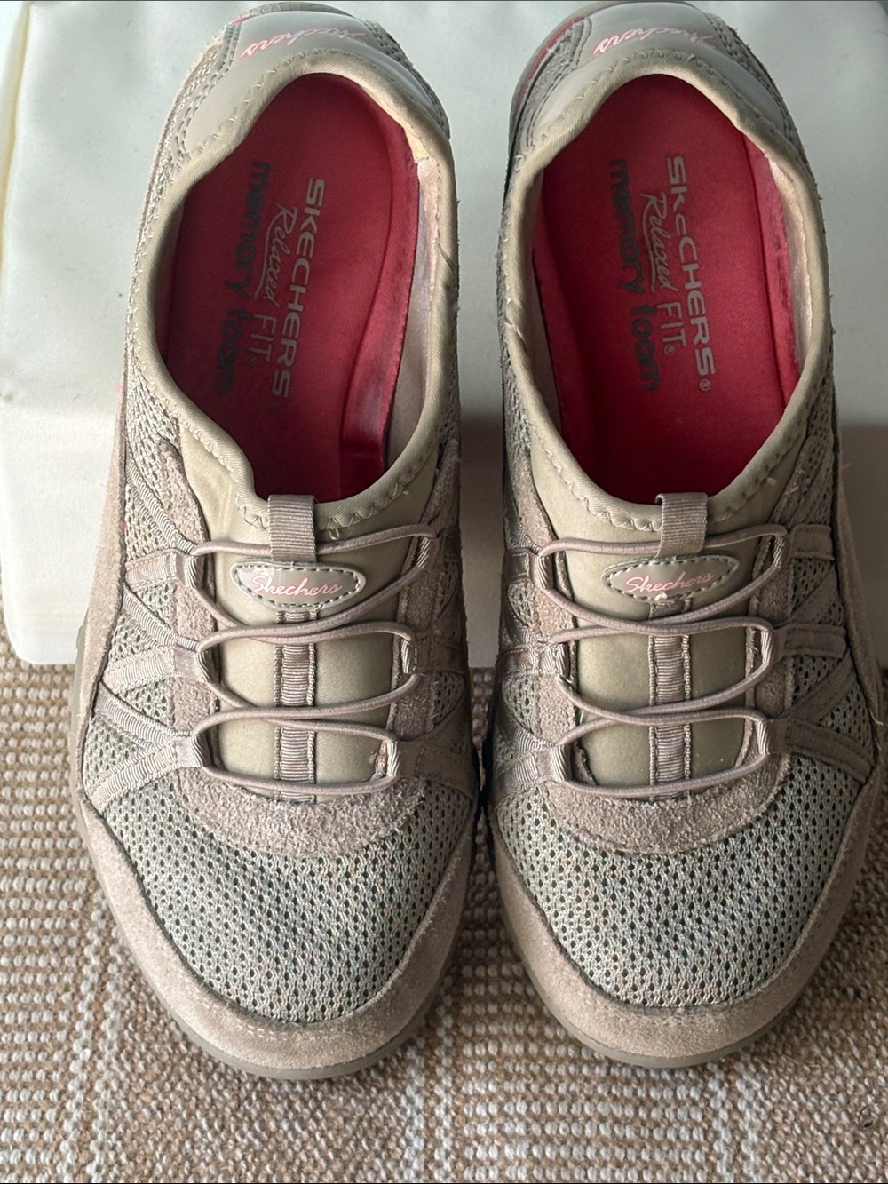 Skechers Women’s Relaxed Fit Memory Breath Easy Taupe/Pink Slip-On Shoes. Size-7